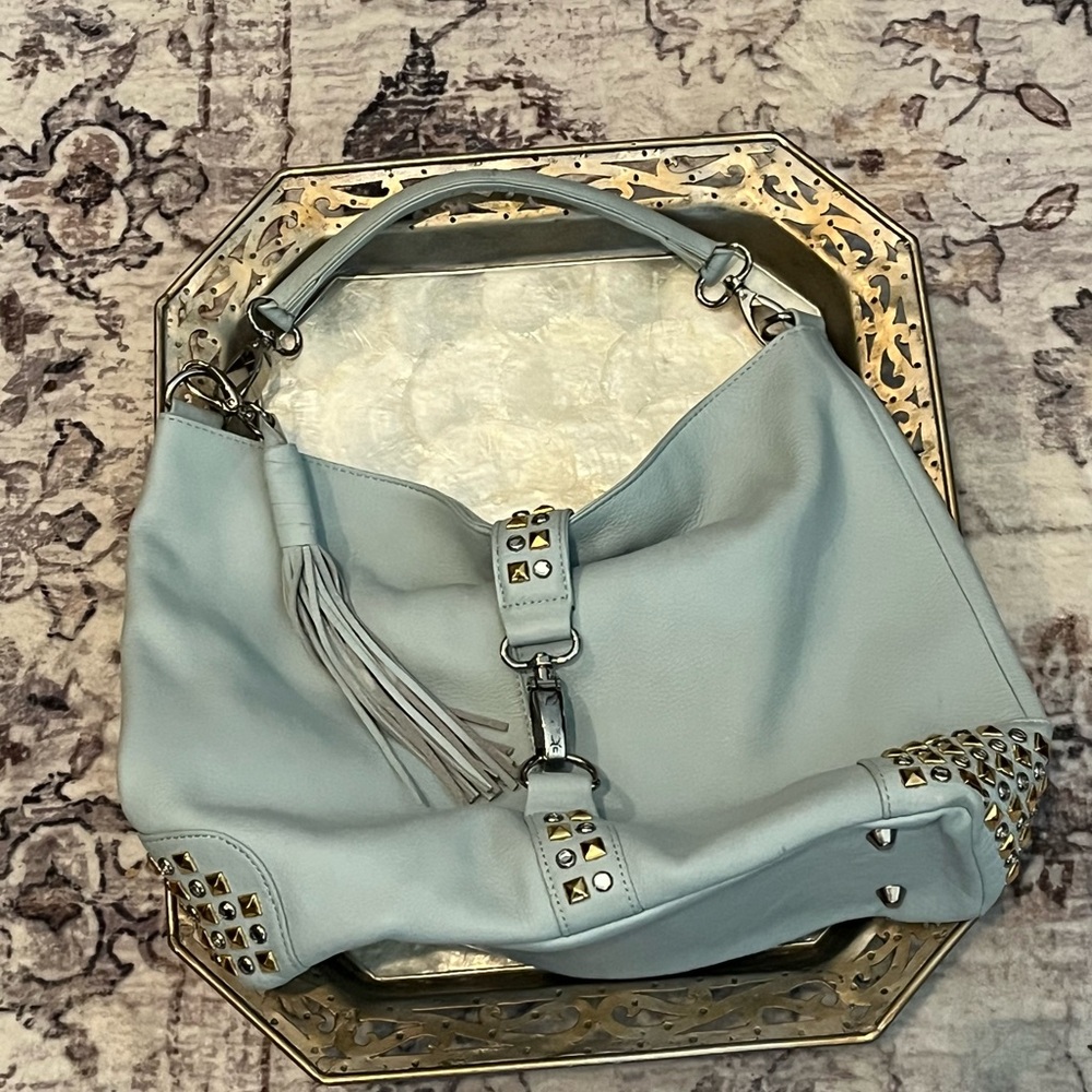 Ohhh! Ashley Hand Bag. Baby Blue Genuine Leather with Rhinestones and Tassel.